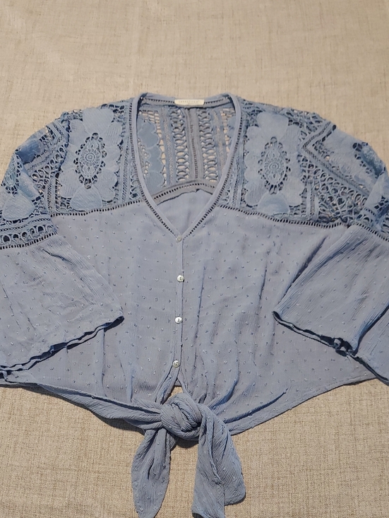 lovestitch Tops - lovestitch Sky Blue Lace-Trim Tie-Front Blouse